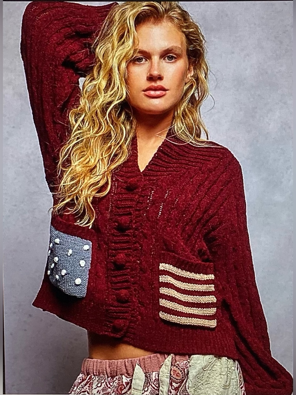 POL Flag Burgundy Knit Button-Front Sweater with Patch Pockets